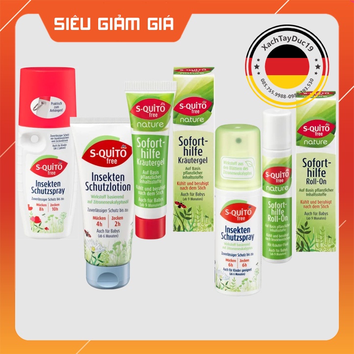 Bộ Xịt Chống Muỗi, Kem Bôi Côn Trùng Đốt, Thanh Lăn và Gel Bôi Muỗi Đốt Squito Free cho bé của Đức