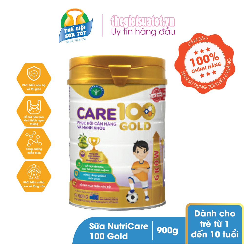 Sữa bột NutriCare 100 Gold  Phát triển cân nặng & chiều cao vượt trội cho trẻ từ 1-10 tuổi 900g