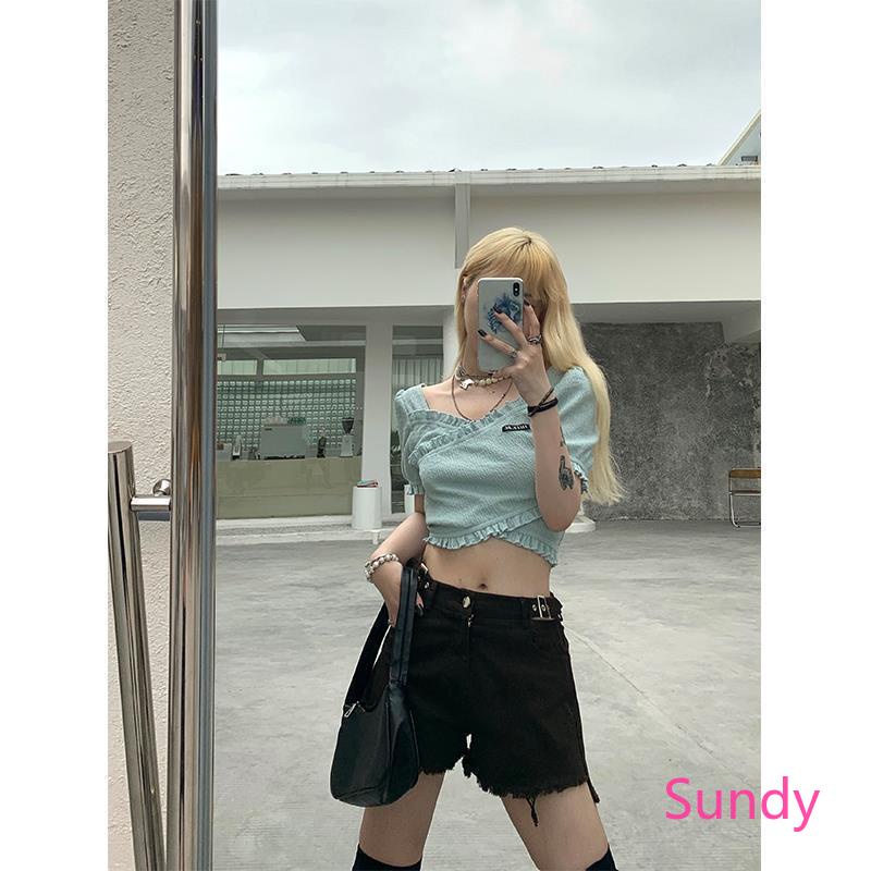 Áo Croptop Tay Ngắn Thiết Kế Lệch Tà Thời Trang Mùa Hè Quyến Rũ Cho Nữ