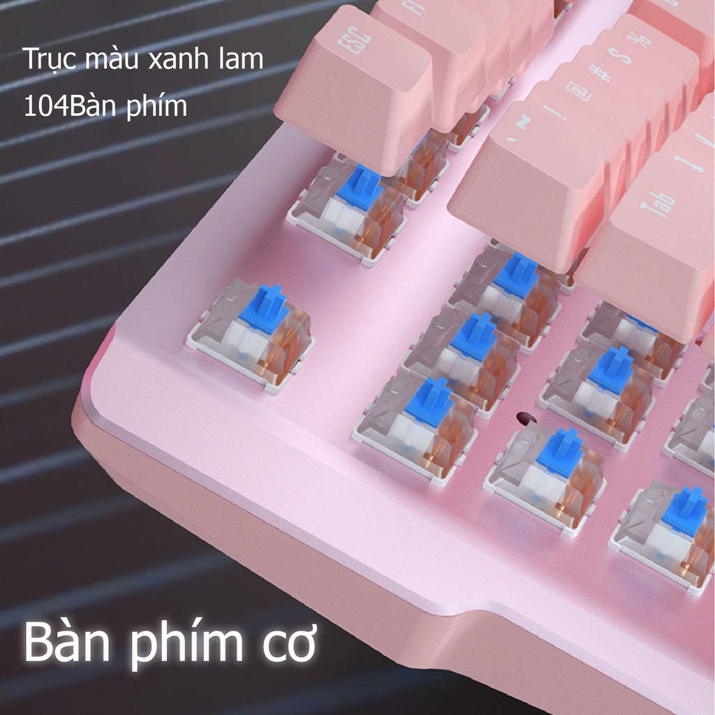 Bàn phím cơ LED chuột máy tính tai nghe tai mèo màu hồng bộ bàn phím có dây