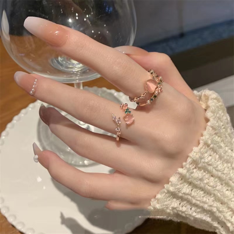 Cod Qipin Nhẫn Hở Hai Lớp Đính Đá Ngọc Trai Hình Trái Tim Màu Hồng Thanh Lịch Có Thể Điều Chỉnh Trang Sức Cho Nữ