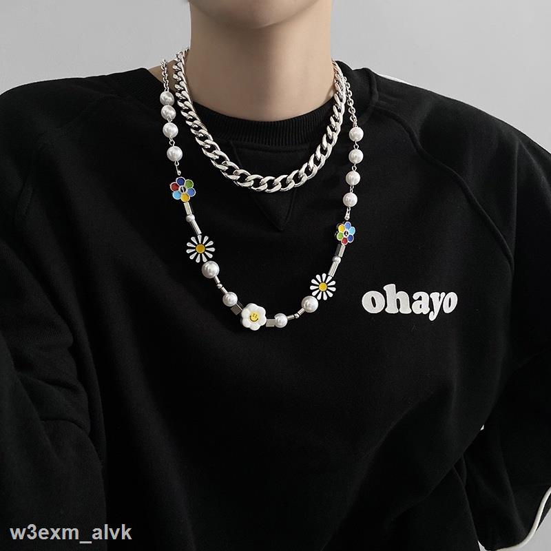 Hình Thật Dây chuyền trang trí gắn ngọc trai nhân tạo và hoa cúc thời trang hiphop đơn giản