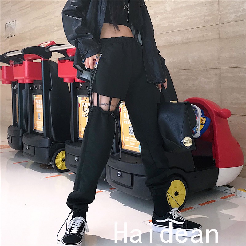 Quần Jogger Dây Rút Phối Rách Phong Cách Retro Hàn Quốc Cá Tính