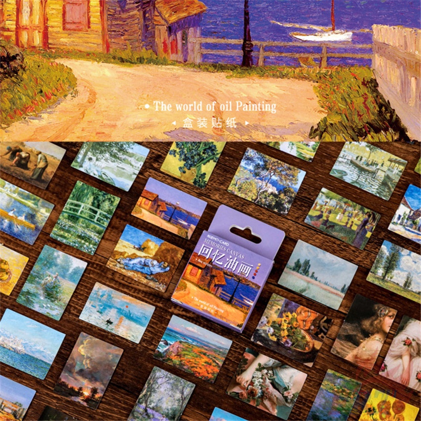 ❉ Sticker Dán Niêm Phong Tranh Sơn Dầu Đẹp Mắt ❉ Hộp 45 Miếng Dán Sticker Trang Trí Sổ Lưu Niệm