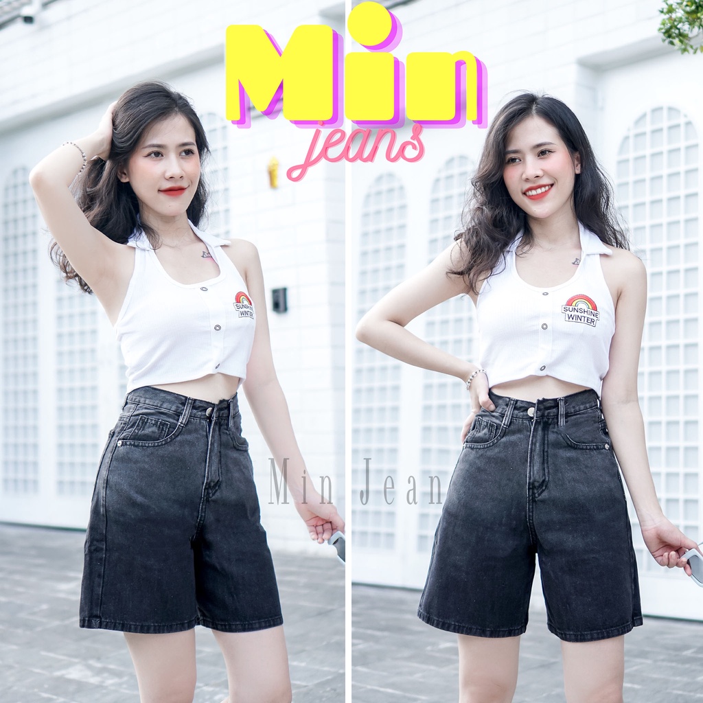 Quần Ngố Jean Nữ Lưng Cao Ombre MinJean M062 Tôn Dáng, Quần Lửng Nữ Loang Màu Lai Cuốn Vải Jean Không Co Giãn