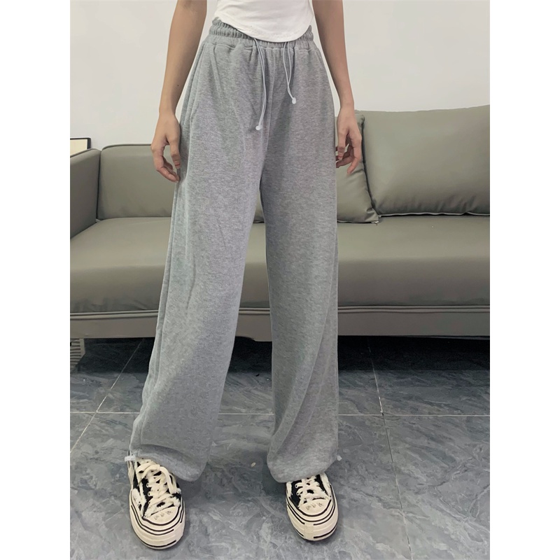 Quần Thể Thao Nữ Dài Lưng Cao Ống Rộng Màu Đen Phong Cách Hàn Quốc