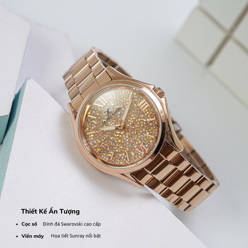 Đồng hồ nữ Daniel Klein Watch DK.1.12528 mặt nhỏ đính đá, kính cứng chống xước, chống nước, dây thép đeo tay cao cấp