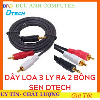 Dây loa 1 RA 2 hiệu DTECH 1.5M/ 3M/ 5M/ 10M jack 3.5mm ra 2 đầu bông sen. Hàng Chính Hãng