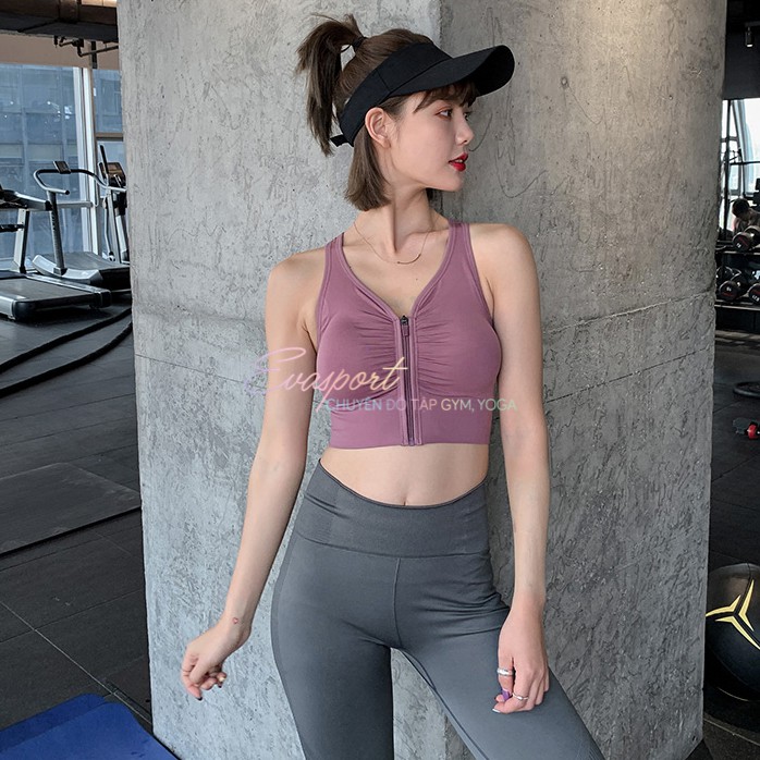 Áo bra khoá kéo tập gym, yoga, aerobic nữ tôn vòng ngực, vải dệt kim, co giãn tốt, mặc ôm dáng, fit người có dây kéo