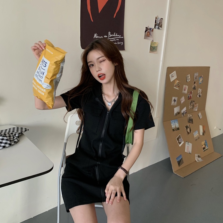 Đầm Perty khóa kéo có mũ trùm đầu thời trang Hàn Quốc đơn giản cho nữ