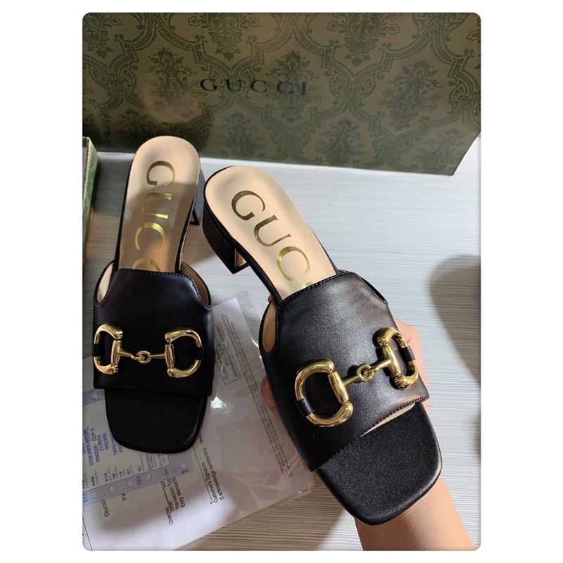 dép đế cao quai ngang mũi vuông cạnh da cao cấp gucci Gc gg