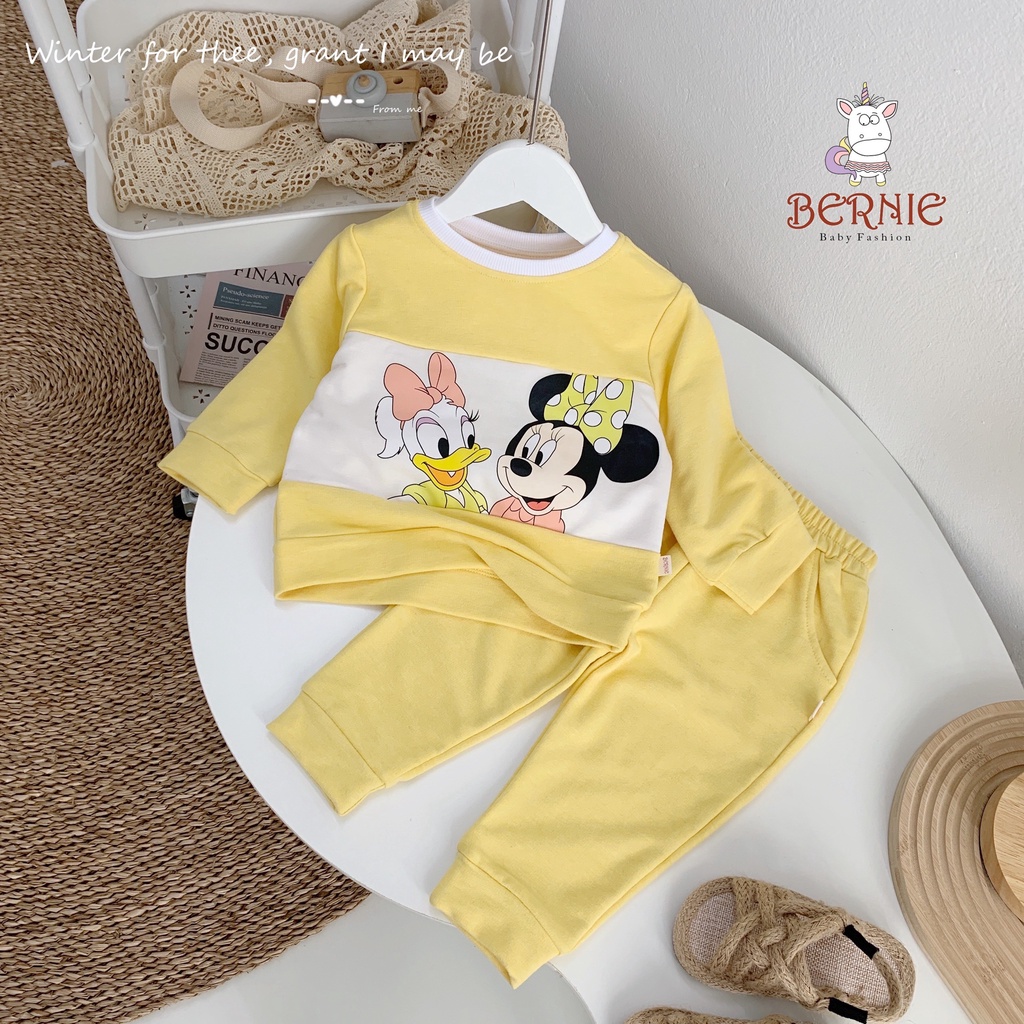 Bộ cotton dài tay vải da cá bé gái dày dặn, bộ thu đông hàng đẹp bé gái hoạ tiét Micky dễ thương