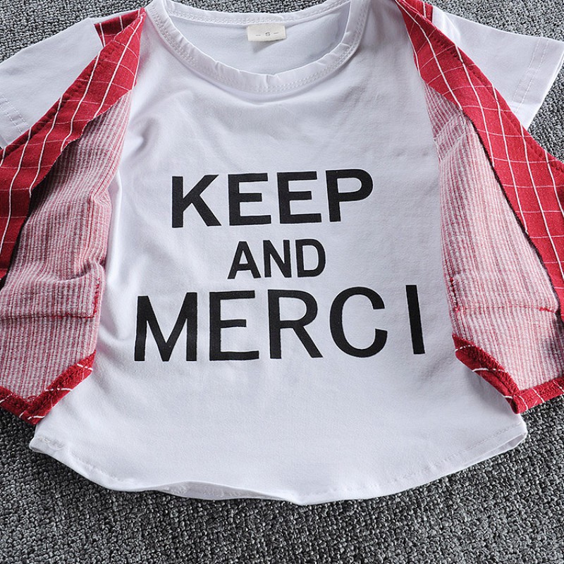 Áo thun ngắn tay thắt nơ + quần ngắn sọc caro cho bé trai