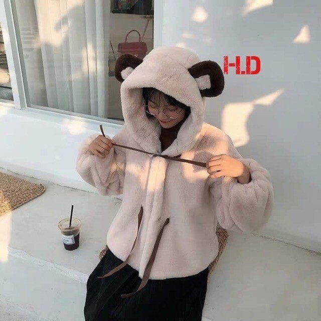 Áo lông tai gấu thắt nơ cute