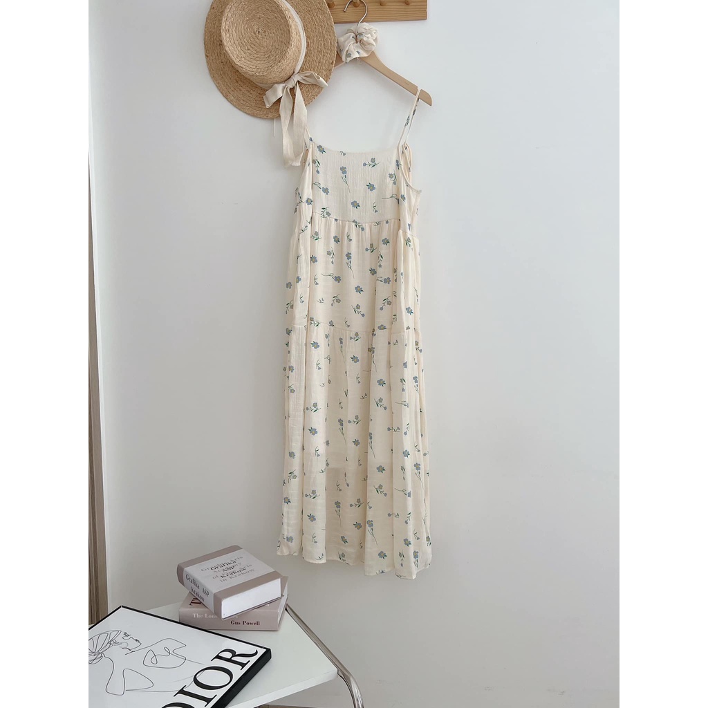 Đầm maxi đi biển 2 dây hoa đũi mềm xinh xắn dáng xoè tầng kèm nơ Kozoda D75