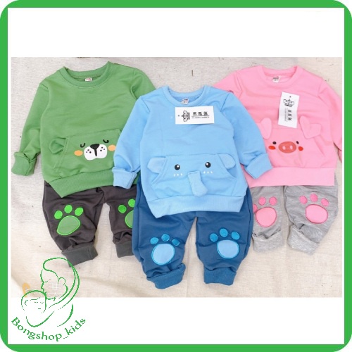 Bộ Dài Tay Chất Nỉ Da cá Túi Hình Động Vật Nghộ Nghĩnh Cho Bé Size 8- 18 kg