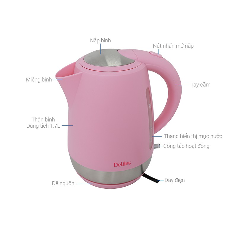 Bình siêu tốc Delites 1.7 lít ST17P03 hồng