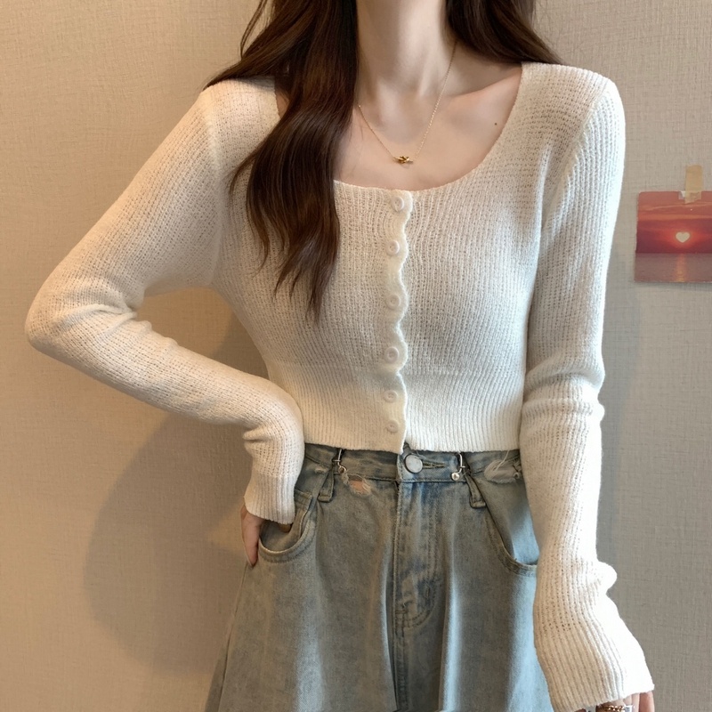 Áo croptop ZHELIHANGFEI dệt kim tay dài cổ lưng phong cách quyến rũ cho nữ