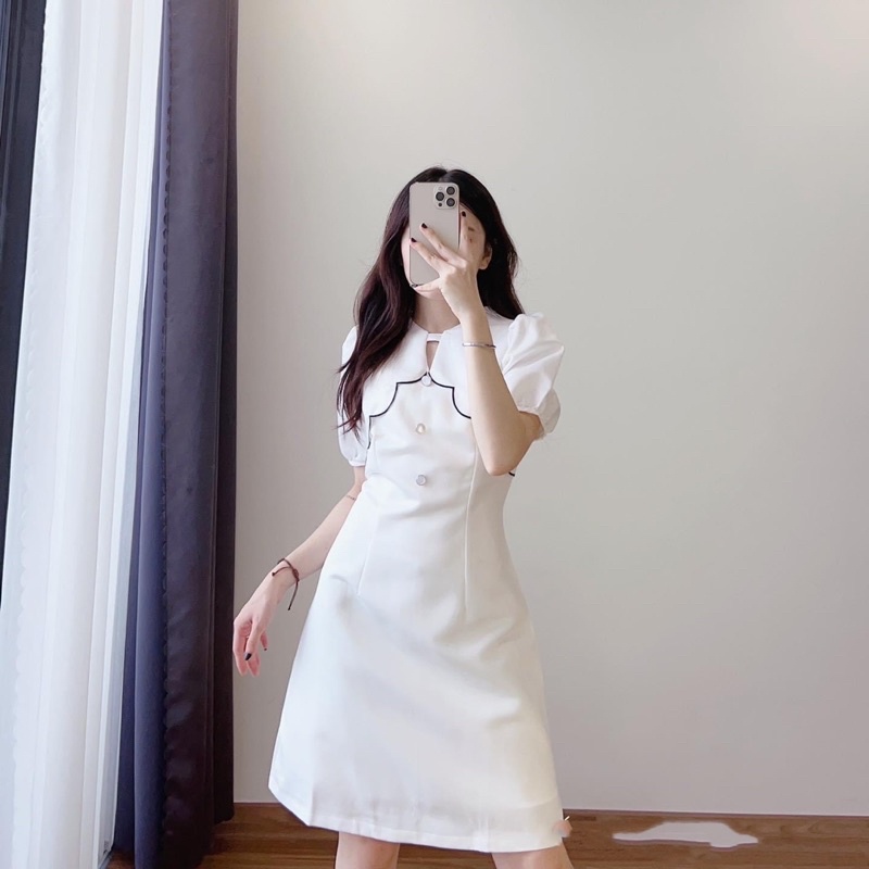 Đầm chữ A cổ bèo viền sóng phối nút chất đẹp ( ảnh thật)