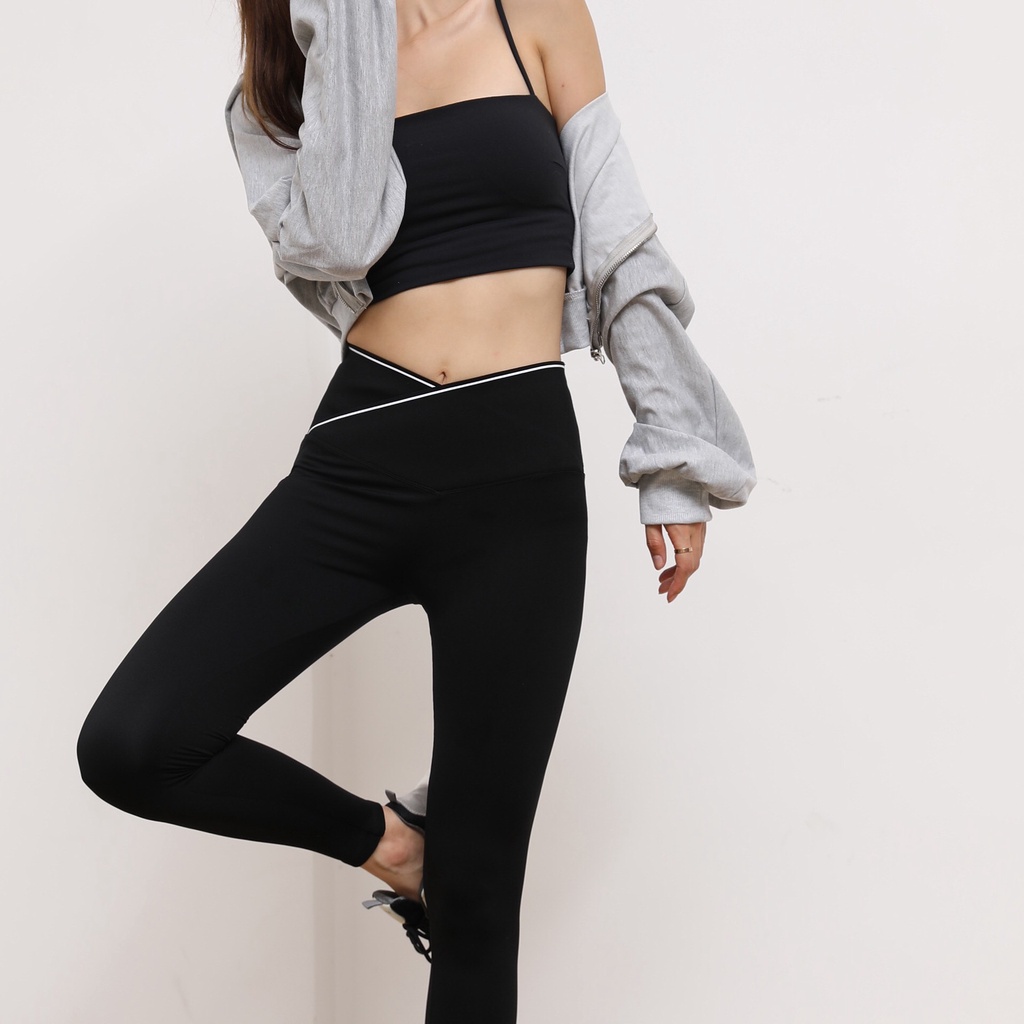 Quần legging nữ cạp cao vạt chéo gen bụng vải umi co giãn viền sọc trắng nâng mông dáng thể thao tập gym yoga ROSA BOUTI