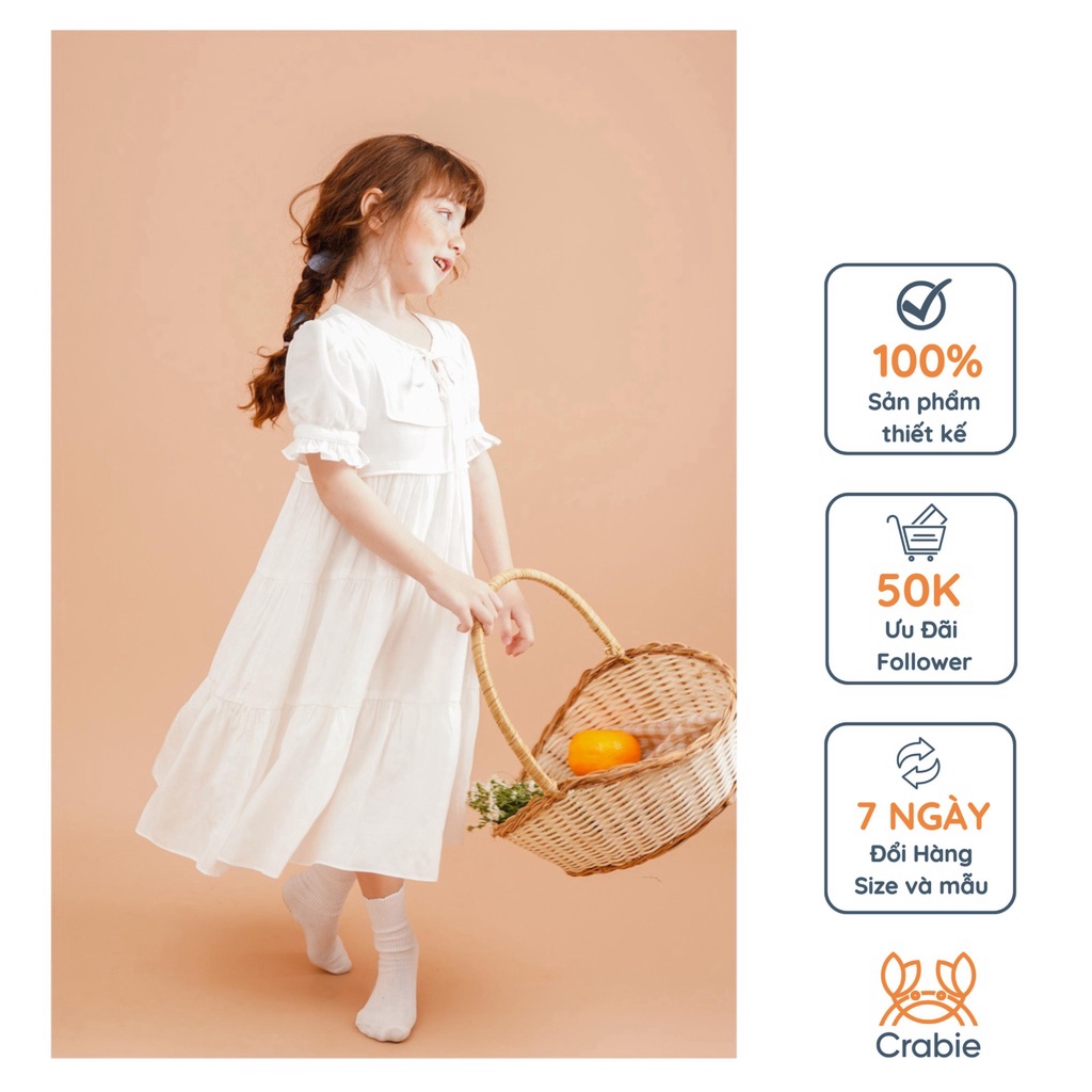 Đầm bé gái mùa hè CRABIE midi cộc tay cổ tròn thắt nơ thoáng mát - Sara Dress - Trắng