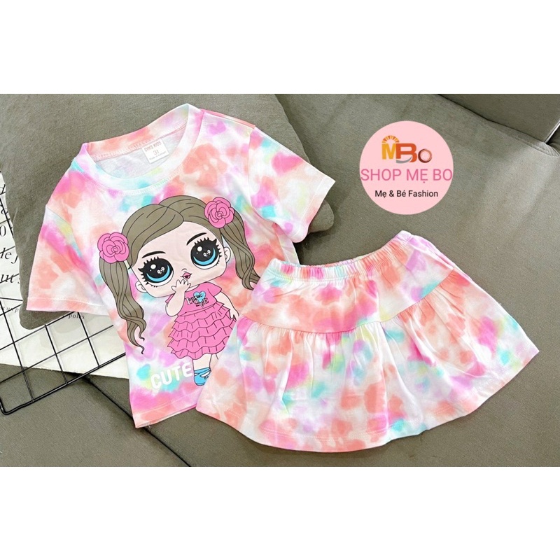 Set đồ bộ chân váy kèm quần chip cho bé gái thun cotton xuất dư in hoạt hình mickey mèo kitty từ 9 đến 25kg