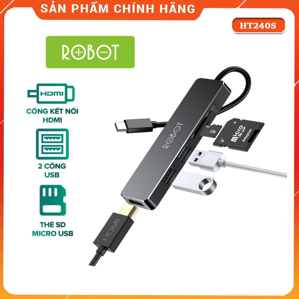 HUB USB-C Chuyển Đổi Đa Năng 5 In 1 ROBOT HT240S Type-C Cổng Kết Nối USB 3.0/HDMI/PD/SD/TF