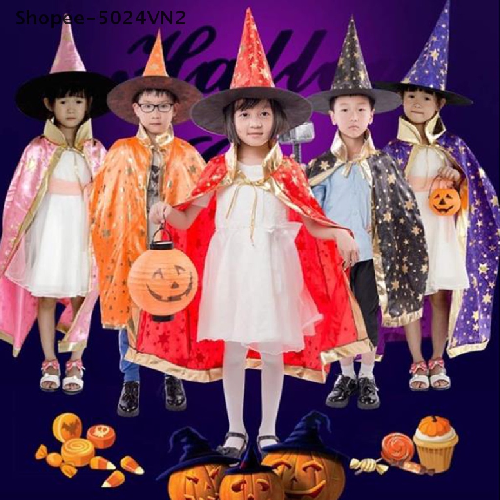 [Mới &amp; Halloween] Set 2 Món Áo Choàng Và Nón Phù Thủy Hóa Trang Halloween Cho Bé