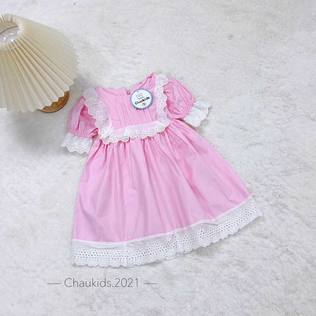 Váy babydoll bé gái, váy thô hàn màu hồng bèo ngực tay phối ren xinh xắn cho bé