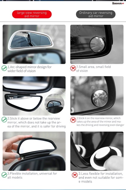 Bộ kính chiếu hậu phụ giúp mở rộng góc nhìn cho xe hơi Baseus Large View Reversing Auxiliary Mirror (Bộ 2 cái)