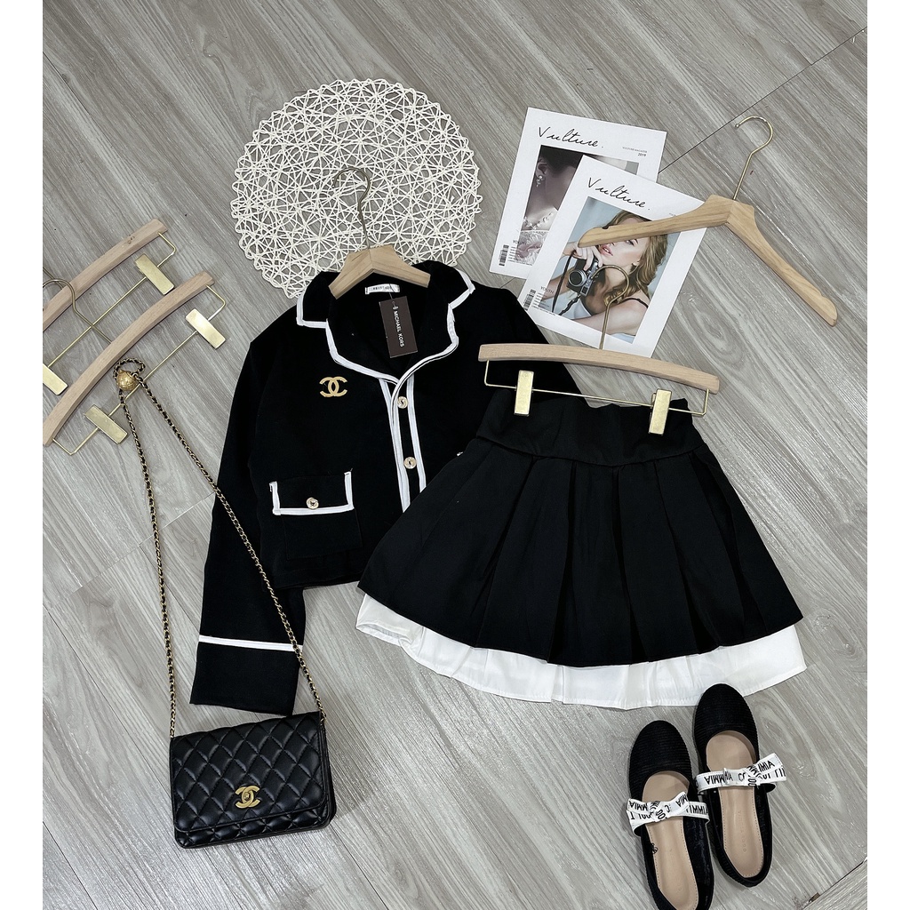 Set váy nữ viền kẻ trắng
