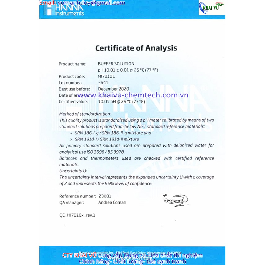 Dung Dịch pH 10.01 Để Hiệu Chuẩn Máy Đo, 500mL