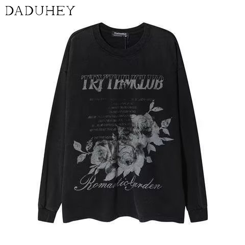 DaDuHey Men's and Women's American-Style Retro Oversize Top Washed Old Floral Long-Sleeved T-shirt