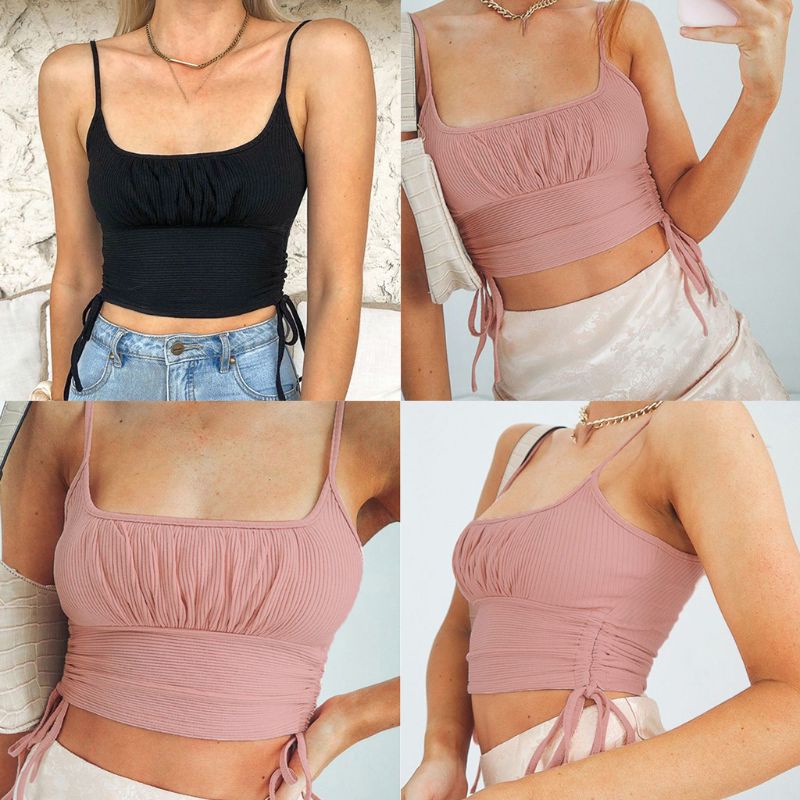 Xiangbao Áo Crop Top Hai Dây Xếp Ly Ôm Dáng Màu Trơn Có Gân Dây Rút Bên Hông Gợi Cảm Cho Nữ