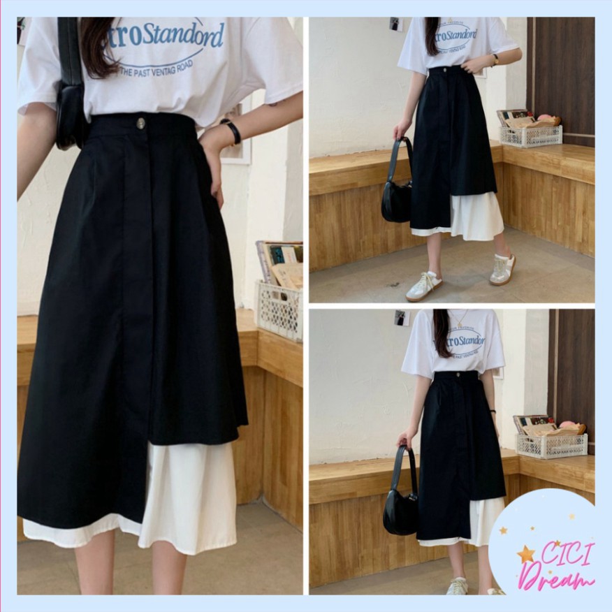 CHÂN VÁY XÒE KIỂU VẠT LỆCH ULZZANG HOT MÀU ĐEN TRẮNG BASIC, CHÂN VÁY XÒE TẦNG DÁNG DÀI
