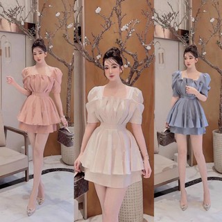 V566 Đầm dự tiệc, Đầm tiểu thư dáng xòe, thiết kế cổ vuông tay bồng xếp ly ngực, váy xòe 2 tầng