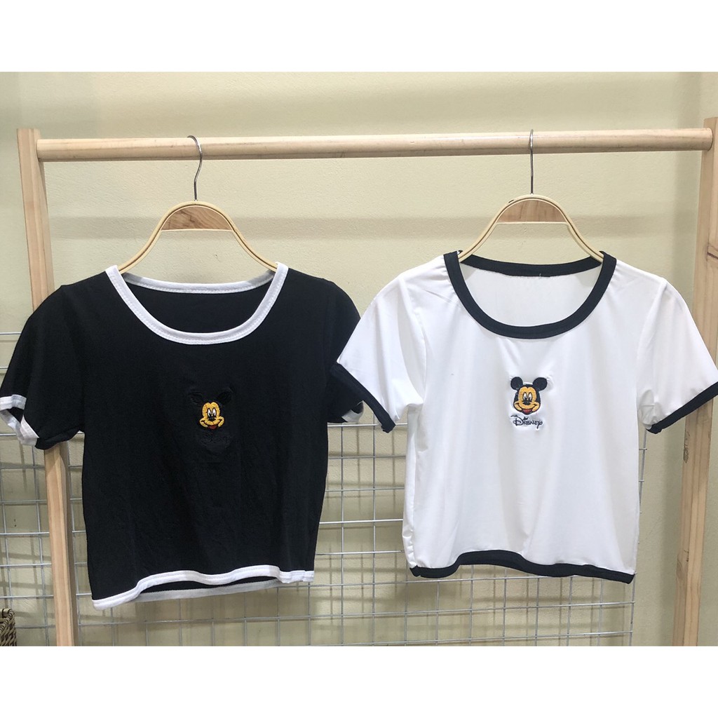 [hàng mới] ÁO CROPTOP ÔM THÊU MICKEY KIỂU DÁNG ÁO THUN COTTON CHẠY VIỀN ÁO CROPTOP BODY ĐEN TRẮNG