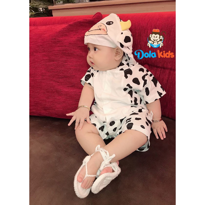 Body hình thú cho Bé hình Bò Sữa cotton ngắn tay có mũ cho bé 0-3 tuổi