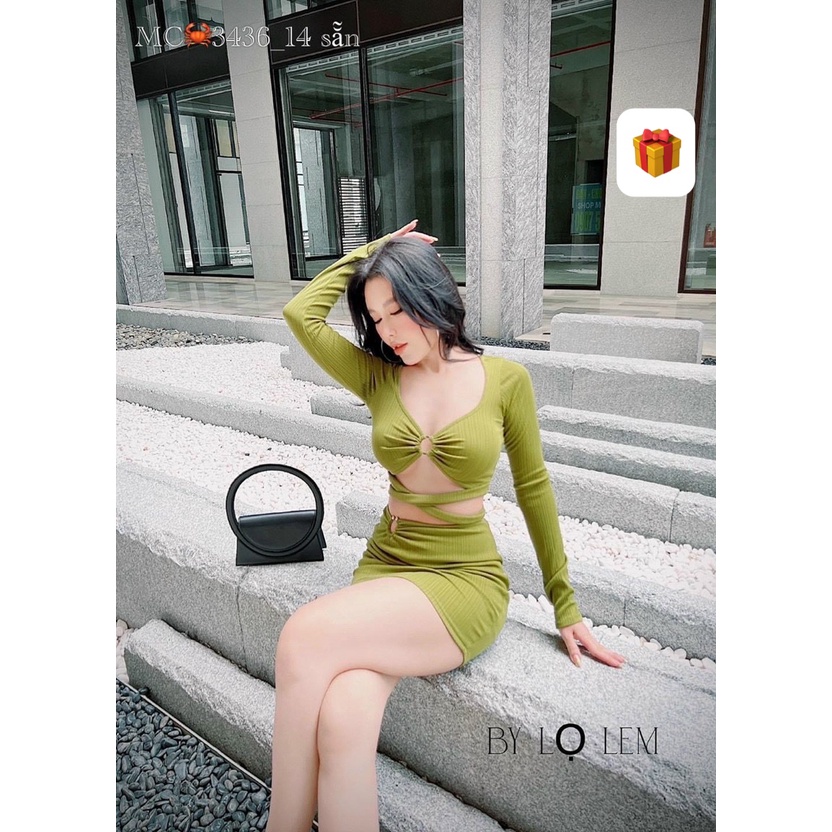 Đầm tay dài cổ tim khoen ngực khoen eo hở eo 2 dây chéo cực sexy , chất thun gân mềm mát