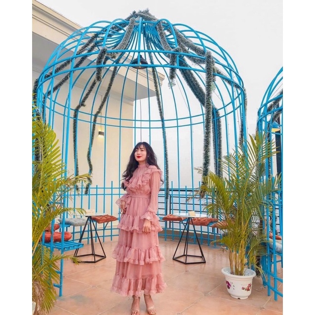 G1- đầm voan tầng bèo kín cổ, tay dài, màu hồng