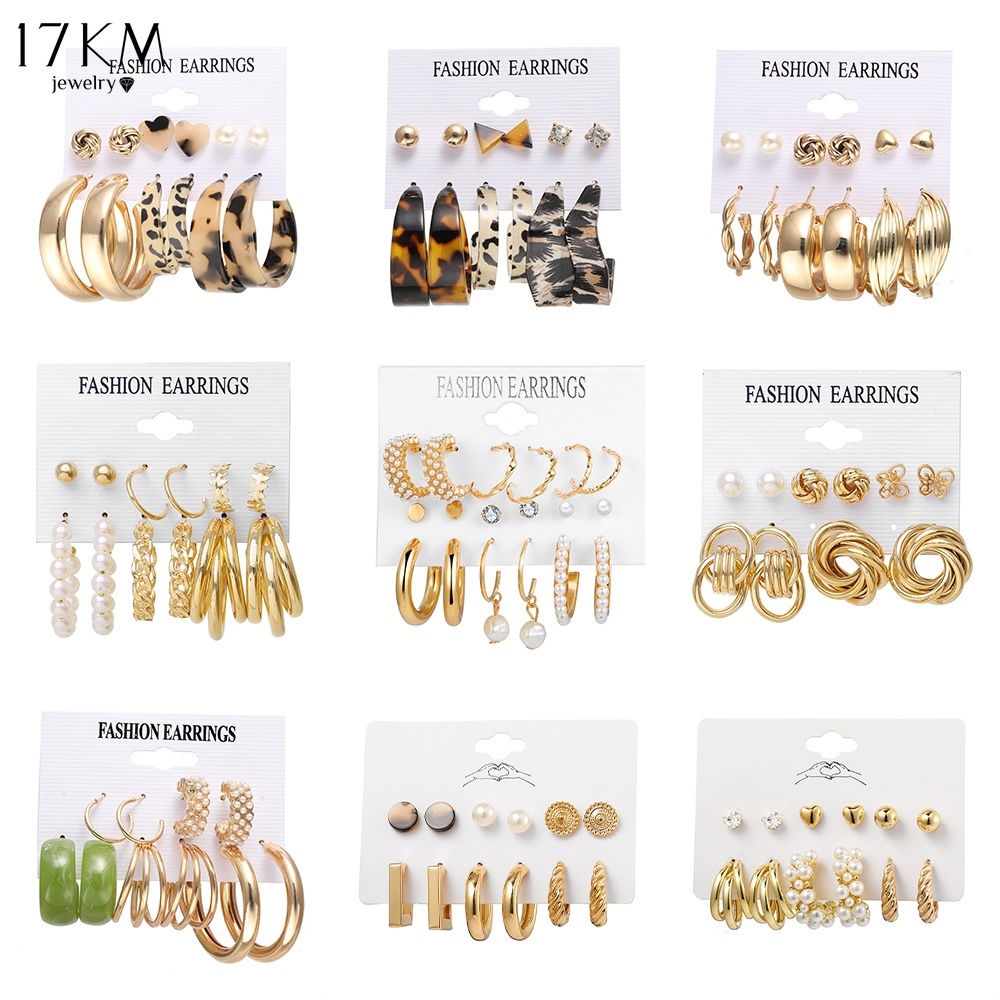 Bộ Khuyên Tai Xỏ 17km Hình Tròn/ Bươm Bướm Đính Ngọc Trai Nút Chặn Chất Liệu Resin Nhân Tạo Nhiều Màu Thời Trang