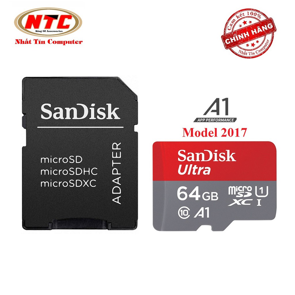 Thẻ nhớ MicroSDXC SanDisk Ultra A1 64GB Class 10 U1 100MB/s kèm adapter (Đỏ) - Nhất Tín Computer