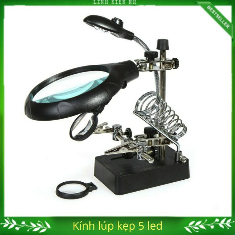 (LKNH) Kính lúp để bàn kẹp Board hàn mạch điện tử ( kép 2 kính + 5 đèn led) Loại Tốt