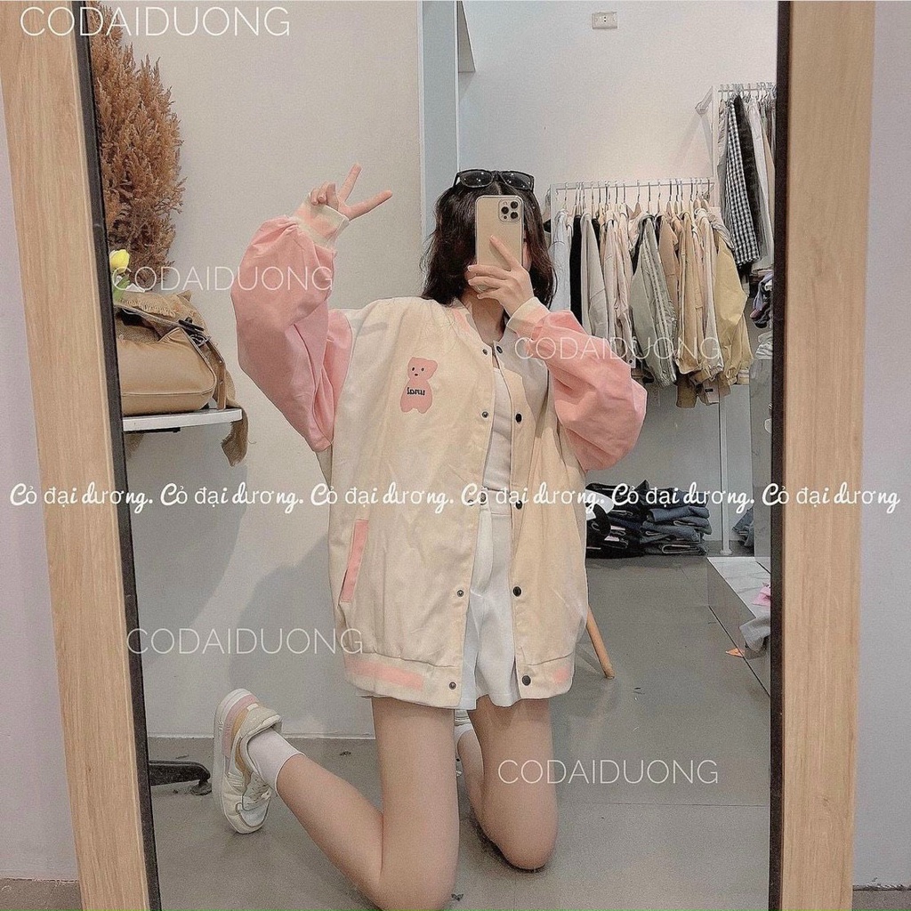Áo Khoác Dù Bomber 2 lớp in hình Gấu siêu đáng yêu Form Rộng Tay Phối Ulzzang