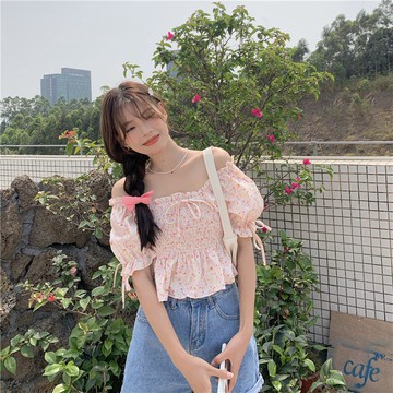 Áo kiểu trễ vai tay phồng in hoa phong cách thời trang mùa hè cho nữ