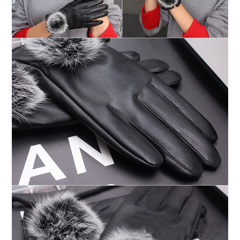 Găng tay da 2 lớp lót lông cảm ứng điện thoại dành cho nữ