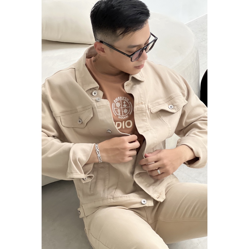 Áo Khoác Jean A/G Cho Nam Màu Beige Chất Liệu Mềm Dày Dặn