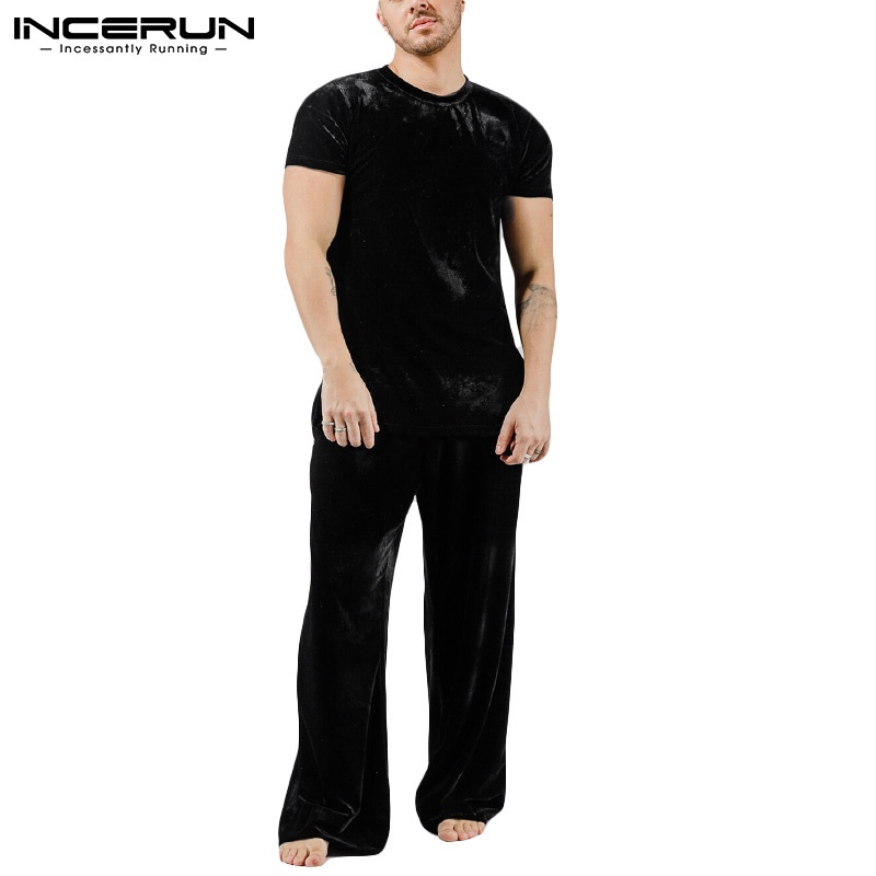 INCERUN Bộ Đồ Ngủ Vải Nhung Ngắn Tay Thoải Mái Cho Nam