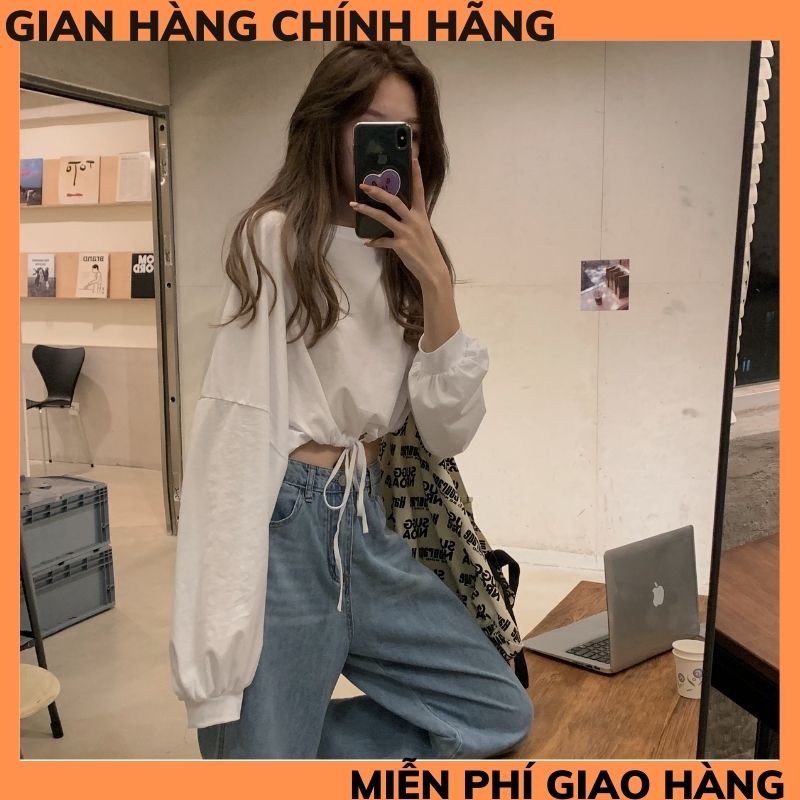 Áo croptop rút eo nữ  áo nữ chun eo trơn dài tay unisex ,áo nữ rút eo ,THỜI TRANG 1989