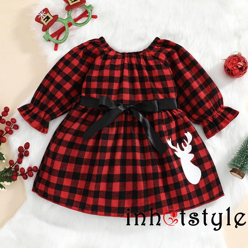Đầm tay dài cổ tròn họa tiết sọc caro đỏ in hình sừng hươu dành cho bé gái 6 tháng - 4 tuổi